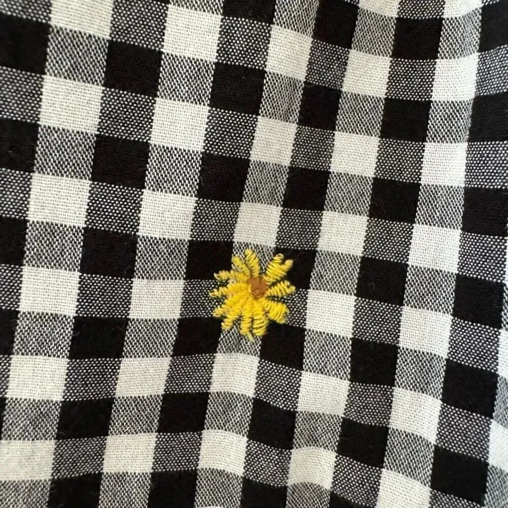 Old Navy puff sleeve black white sunflower embroidered gingham swing  SZ M #2160